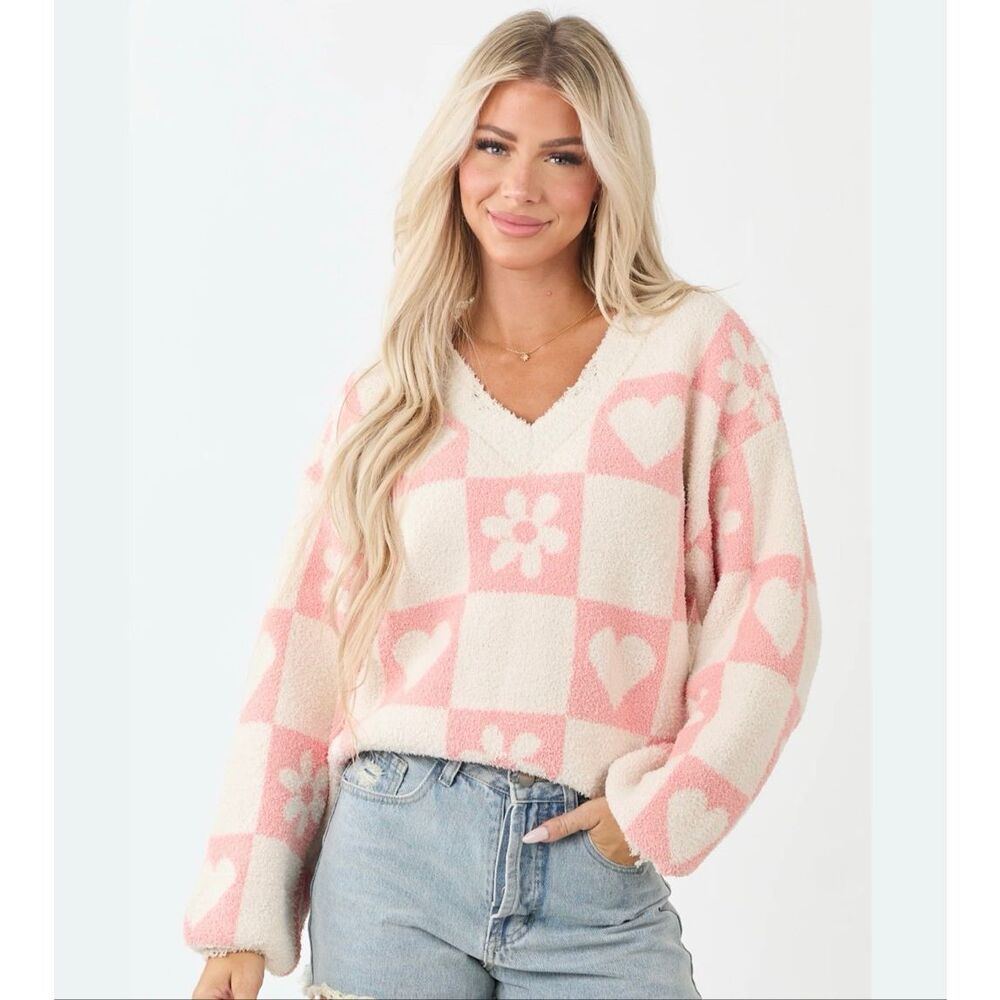 POL Checkered V Neck Knit Sweater Top Size M